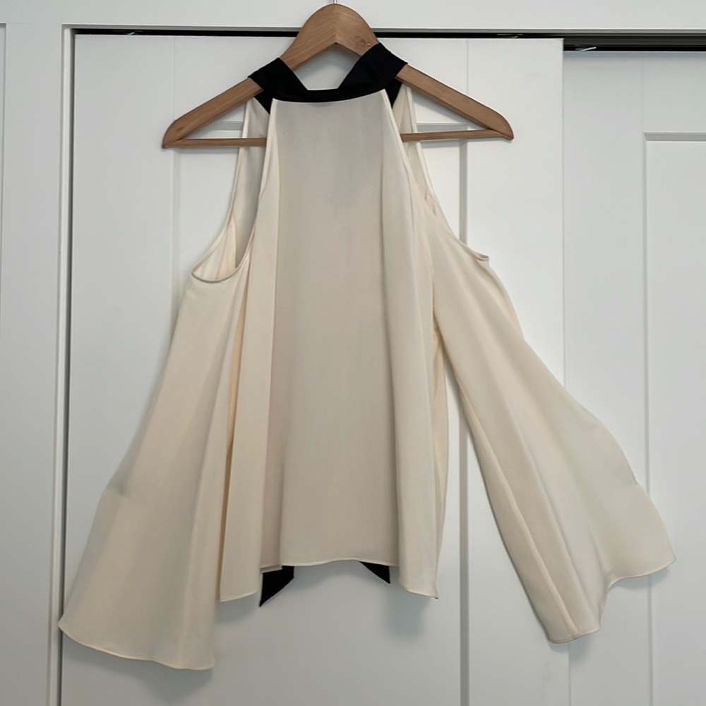 NWT Ramy Brook silk blouse, white with silk black ribbon.